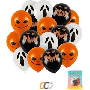 Festivz 30 stuks Scary Emoji Halloween Oranje Zwart Wit Ballonnen met Lint – Decoratie – Feestversiering - Halloween – Orange - Zwart - Wit - Feest