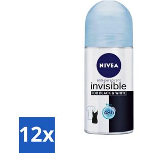 Nivea - Deodorant - Roller - Black & White Invisible Pure - 50 ml - Voordeelverpakking - 12 stuks