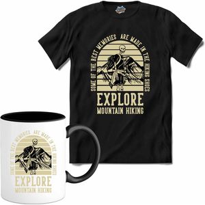 Explore Mountain Hiking | Wandelen - Hiking - Lopen - T-Shirt met mok - Unisex - Zwart - Maat 4XL