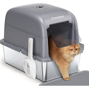 Kattenbak van roestvrij staal met deksel - Vooringang - Extra groot - Grijs