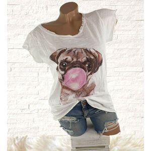 Trendy vintage dames zomer t-shirt van 100% katoen wit met print mops hond Made in Italy maat 34 36 XS S
