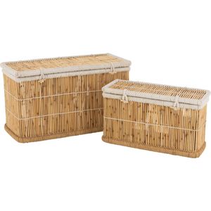 J-Line mand Rechthoekig - bamboe - naturel/wit - 2 stuks