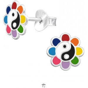 Oorbellen meisje | Zilveren kinderoorbellen | Zilveren oorstekers, regenboogbloem met yin-yanghart