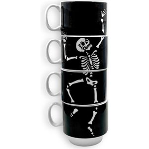 4-delige Skeletdesign Mokkentoren Zwart-Wit - Porseleinen Koffiekopjes 200 ml - Stapelbaar - Griezelig Halloween-Decoratie - Ruimtebesparend - 24 cm Torenhoogte Ø 8 cm - Griezelcadeau