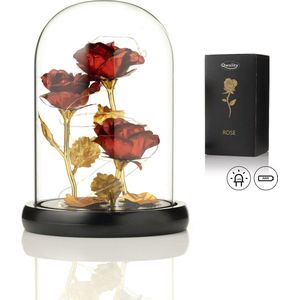 Luxe Roos in Glas met LED – 3x Gouden Roos in Brede Glazen Stolp – Moederdag - Cadeau voor vriendin moeder haar - Rood 3x Roos Brede Stolp - Qwality