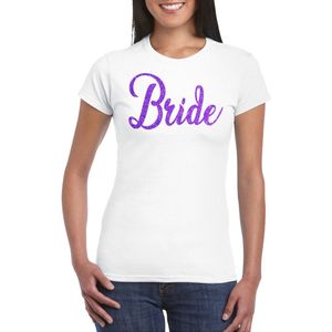 Bellatio Decorations Vrijgezellenfeest T-shirt voor dames - bride - wit - paarse glitter - bruiloft XL