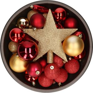 33x stuks kunststof kerstballen met piek 5-6-8 cm rood/goud incl. haakjes - Kerstversiering