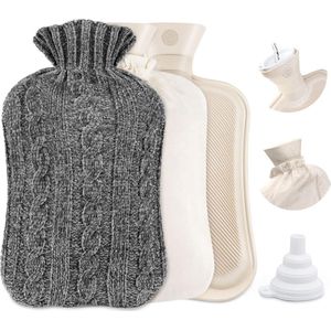 Zachte Premium Pluizige Warmtefles - 2 Liter Groot - Natuurlijk Rubber - Bedfles met Watertrechter - Hot Waterfles voor Volwassenen en Kinderen - Winterverwarming - Grijs