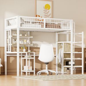 Hoogslaper 90x200 met veiligheidsladder, kinderbed met ijzeren frame kledingkast en computertafel wit