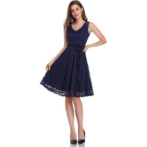 Damen Vintage Brautjungfernkleider für Hochzeit Knielang Spitzenkleid Cocktailkleid Ballkleid Marineblauw M