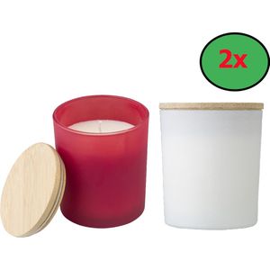 Set van 2 Geurkaarsen in herbruikbaar glas met Bamboe deksel Rood ( Kaneel aroma) & Wit ( Vanille aroma )