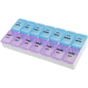 Scoby - Pillendoos 7 Dagen - 14 vakjes - Doos met Medicijnen - Pillen Planner - Medicijndoos - Handig Organizer - Pill Organizer - Blauw/Paars