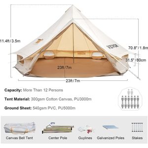 Clixify Partytent Opvouwbaar - Camping tent 3-7M Waterdicht - Tipi Tent Voor 12 personen – Ingenaaide tentvloer - Muggengaas – 300 cm stahoogte – 4000 mm waterkolom – Indische tent, Partytent, Festivaltent – Kamperen