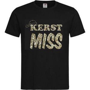 T-shirt Unisex Volwassenen Vrouw Grappig Tekst ""Kerst miss"" Op Voorkant | korte mouw | Zwart/Champagne Goud GLITTER | maat XL