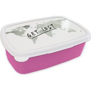 Broodtrommel Roze - Lunchbox - Brooddoos - Wereldkaart - Quote - Grijs - 18x12x6 cm - Kinderen - Meisje