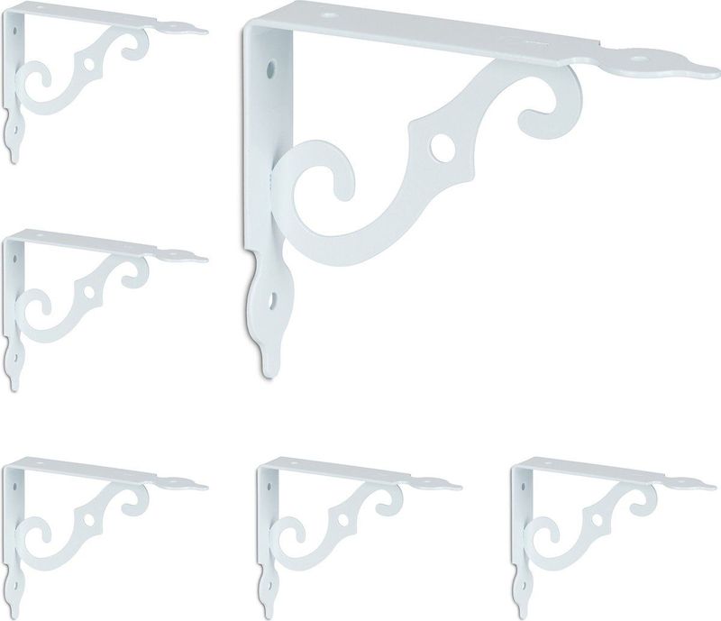 Relaxdays plankdrager set van 6 - metalen schapdrager - plankhouder - vintage plankensteun - wit