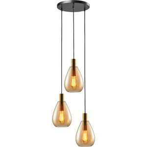 Moderne Hanglamp Dorato | 3 lichts | goud / zwart | glas amber / metaal | Ø 18,5 cm | in hoogte verstelbaar tot 185 cm | eetkamer / eettafel lamp | modern / sfeervol design | getrapt