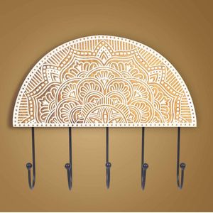 Boho Chic decoratieve muursleutelhouder, 5 middelgrote haken, natuurlijk ruw mangohout, handgebogen houten stempel met metalen haken, sieradenhanger