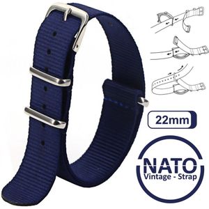 22mm Nato Strap Blauw - Vintage James Bond - Nato Strap collectie - Mannen - Horlogebanden - Blue - 22 mm bandbreedte voor oa. Seiko Rolex Omega Casio en Citizen