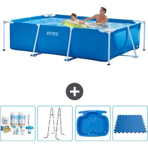Intex Rechthoekig Frame Zwembad - 260 x 160 x 65 cm - Blauw - Inclusief Onderhoudspakket - Ladder - Voetenbad - Vloertegels