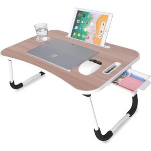 Opvouwbare laptoptafel, bedblad, leesstandaard, computerbureau, ontbijtblad, bijzettafel | Tafel om te werken, studeren, ontbijten of films kijken (notenhout met lade)