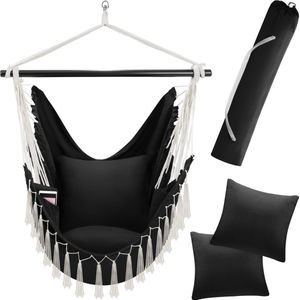 tectake® Hangstoel voor binnen of buiten - Weerbestendig - Met tabletvak en bekerhouder - Macramé schommel voor balkon en tuin - Hangende schommel belastbaar tot 150 kg - Zwart