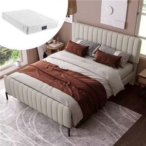 Merax Queensize Tweepersoonsbed 160x200 cm met Koudschuim Matras - Bedframe met Verstelbaar Hoofdbord - Luxe Gestoffeerd Bed - Beige