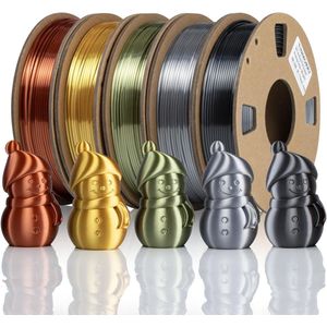 Silk PLA 3D printer filament bundel bevat 5 spoelen, elke spoel bevat 250g Silk PLA filament: goud, zilver, koper, brons en ijzer zwart