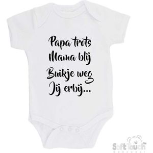100% katoenen Romper ""Papa trots Mama blij Buikje weg Jij erbij..."""" Unisex Katoen Wit/zwart 62/68