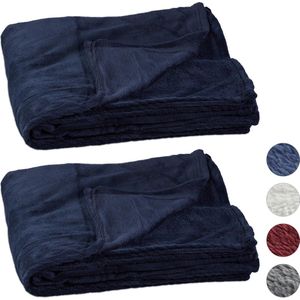 Relaxdays 2x fleece deken 200x220 cm - plaid - bank kleed - polyester - xxl - blauw