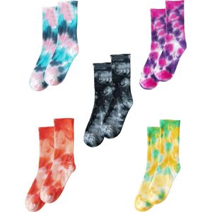 ASTRADAVI Socks Collection - Sokken - 5 Stuks - Unisex Katoenen Tie Dye Normale Sokken - 36/41 - Zwart, Blauw, Roze, Paars, Oranje, Geel, Groen