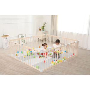 Houten Grondbox Baby & Luxe Speelmat - 140x200 cm - Stabiele, Ongelakte Babybox met Deurtje - Eenvoudige Montage & Demontage (10 min) - Extra Dikke Speelmat (4 cm) met EPE Schuim