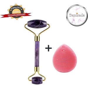 Demiracle Amethist Face Roller met Roze Siliconen Gezichtsborstel - Cadeau - Gezichtsroller - Massage Roller - Jade Roller - Rimpelverwijdering - Ontspanning - Kwaliteit