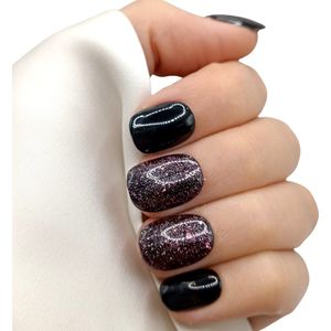 SD Press on Nails - B-80 - Plaknagels - Nagelset 20 Nagels - Zwart/roze glitter - Gellak - Nagellak - Kort Naturel- Nageltips - Nepnagels met Lijm - Kunstnagels - Nail Art - Handmade - Valse nagels - Nagelvijl - Accessoires - Korte Nagels