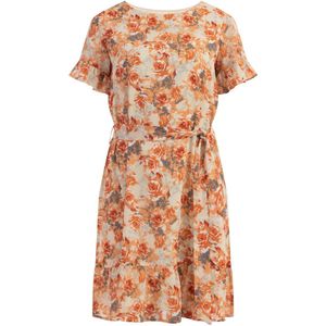 Usha - Zomerjurk - Crème / Grijs / Donkergrijs / Oranje - Bloemenprint - Knielengte