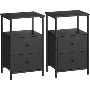 FurnStar - Nachtkastje - Set van 2 - Bijzettafel met 2 stoffen laden - Salontafel met planken - 61 cm hoog - Voor woonkamer - Slaapkamer - Zwart