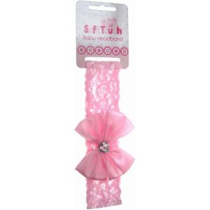 Baby haarband van Soft Touch met satijnen strik en elastisch kant licht roze maat 3-6 maanden - haarband - baby - verjaardag - haaraccessoire