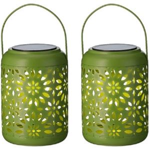 2x stuks solar lantaarn ijzer groen met hengsel 17 cm - Tuinlantaarns - Solarverlichting - Tuinverlichting