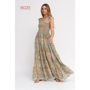 Boho zijde maxi jurk met spaghetti bandjes - elastische buste - broderie en volants - kleur ROZE- maat 38