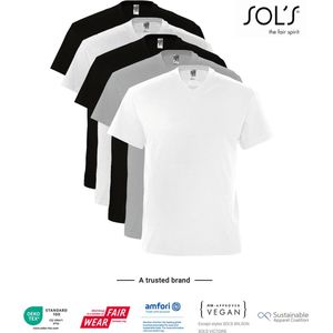 5 Pack SOLS V-hals, Heren T-Shirt 100% katoen V-hals, Zwart, Donker Blauw, Donker Grijs / Lichtgrijs gemeleerd,Wit Maat S