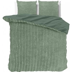 Knuffelzachte teddystof dekbedovertrek Stripes groen - 240x200/220 (lits-jumeaux) - heerlijk slapen - cosy look - luxe kwaliteit - met handige drukknopen