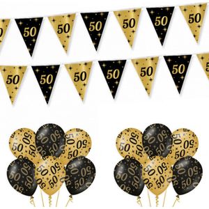 50 Jaar Versiering Classy Black-Gold Feestpakket - 50 Jaar Decoratie - Ballonnen En Slingers Zwart Goud