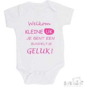 100% katoenen Romper ""Welkom kleine uk, je bent een bundeltje geluk"" Meisjes Katoen Wit/roze Maat 62/68