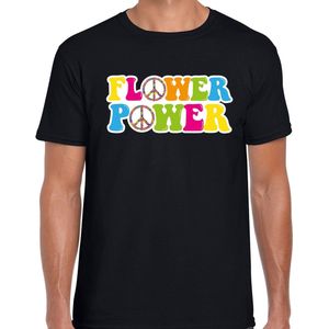 Jaren 60 Flower Power verkleed shirt zwart met gekleurde peace tekens heren - Sixties/jaren 60 kleding XL