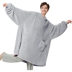 Hoodiedeken met mouwen, dekentrui, draagbare deken om aan te trekken, voor volwassenen, XXL, oversized knuffeltrui als cadeau voor heren en dames, warme mouwdeken, grijs, 107 x 90 cm