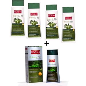 Bioblas Botanic Oils Olive Oil Shampoo voordeelpak (4x 360 ml) + 1 x Bioblas Botanic Oils Shampoo voor fijne zwakke en beschadig / droogd haar (360ml) - Herbal Shampoo - Bio Shampoo - Anti haaruitval - haarverzorging - Anti-haaruival - Dunne haar