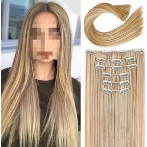 Clip-in haarstukjes set van 6 stuks, rechte nep extensions zonder zichtbare naden, 24 inch hittebestendig synthetisch haar, rechte extensions zonder zichtbare naden voor vrouwen, minimale geur, weinig haaruitval, stijl 5