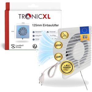 TronicXL 230V Badkamerventilator met kabelschakelaar en stekker IPX4 - 125mm afvoer en toevoerlucht ventilator - voor toilet - WC - kelder – keuken – Badkamer – Garagen installatie en meer