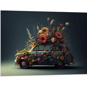 PVC Schuimplaat - Ouderwetse Lichtblauwe Auto Versierd met Verschillende Bloemen - 100x75 cm Foto op PVC Schuimplaat (Met Ophangsysteem)
