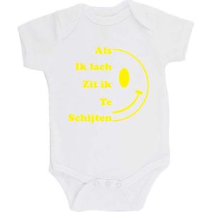 100% katoenen Romper bedrukt met grappige tekst Kado Cadeau Kraamkado Kraamcadeau ""Als ik Lach Zit ik Te Schijten"" Unisex Katoen Wit/fluor yellow Maat 68/74